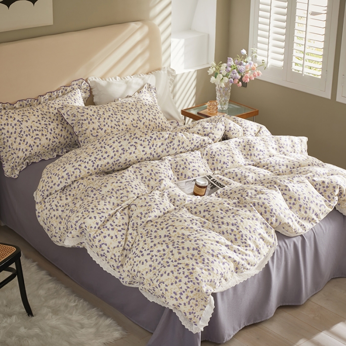 91家纺网 家纺一手货源 找家纺 怡家居 2022新款全棉A类双层纱韩版四件套 叶语纷飞