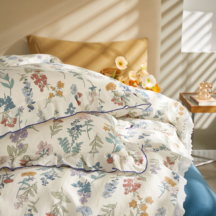 91家纺网 家纺一手货源 找家纺 怡家居 2022新款全棉A类双层纱韩版四件套 花间徜徉