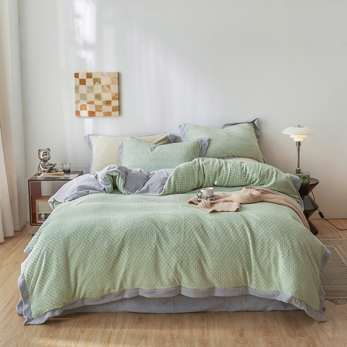 91家纺网 家纺一手货源 找家纺 佳梦家纺 2022新款240克芙暖绒提花四件套-寻梦 寻梦（香草绿）