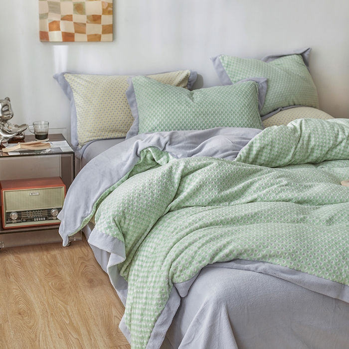 91家纺网 家纺一手货源 找家纺 佳梦家纺 2022新款240克芙暖绒提花四件套-寻梦 寻梦（香草绿）