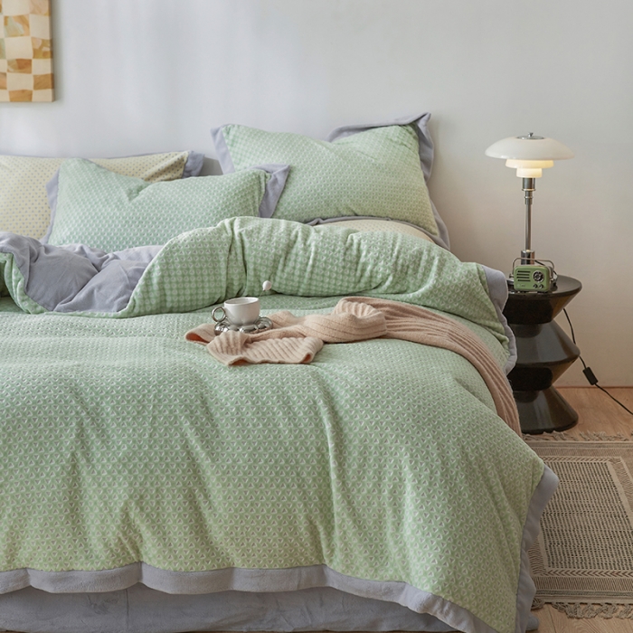 91家纺网 家纺一手货源 找家纺 佳梦家纺 2022新款240克芙暖绒提花四件套-寻梦 寻梦（香草绿）