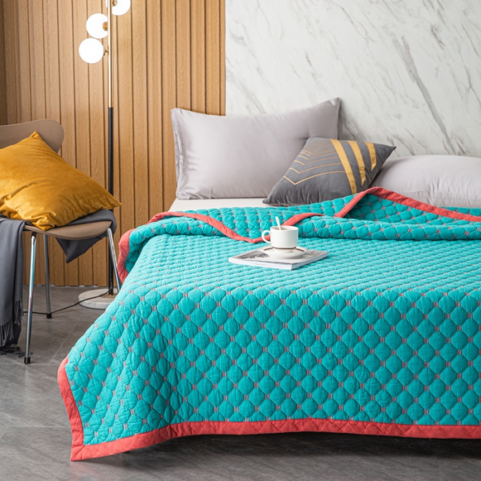 91家纺网 家纺一手货源 找家纺 卡奥 2023撞色系全棉马卡龙夏被双人空调被四季盖被纯色床盖 仙草绿