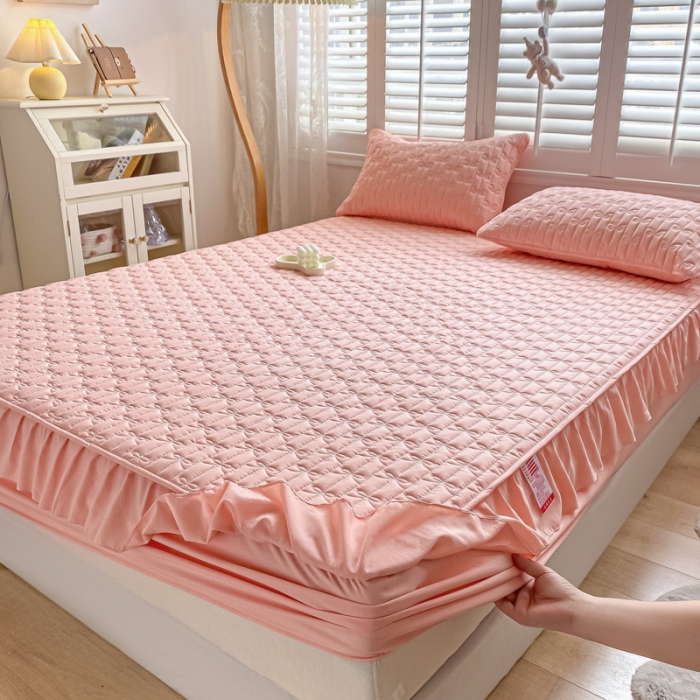 91家纺网 家纺一手货源 找家纺 鑫钰 2023新款蝴蝶结亲肤夹棉床裙款床笠 蝴蝶结-粉