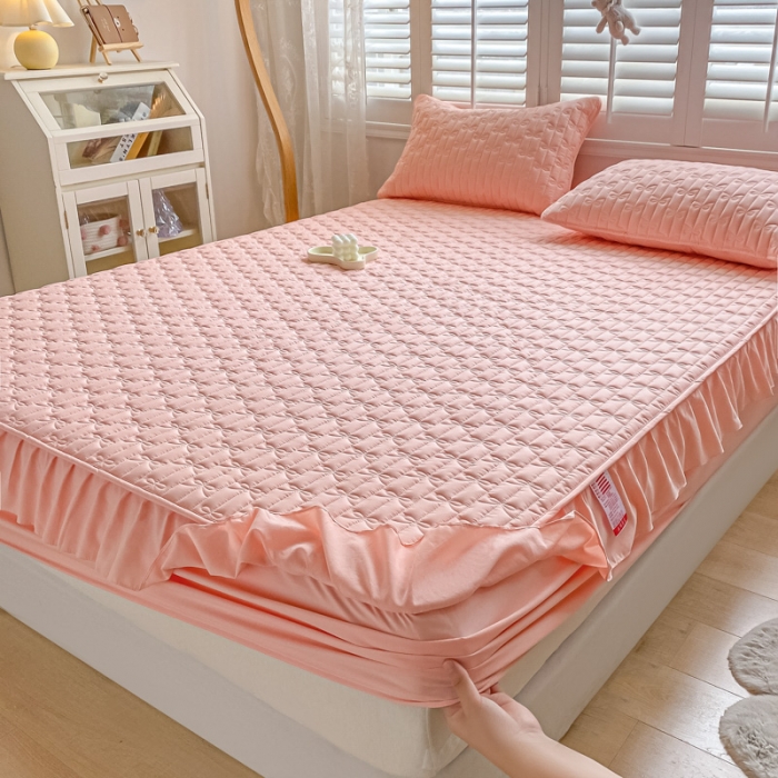 91家纺网 家纺一手货源 找家纺 鑫钰 2023新款蝴蝶结亲肤夹棉床裙款床笠 蝴蝶结-粉