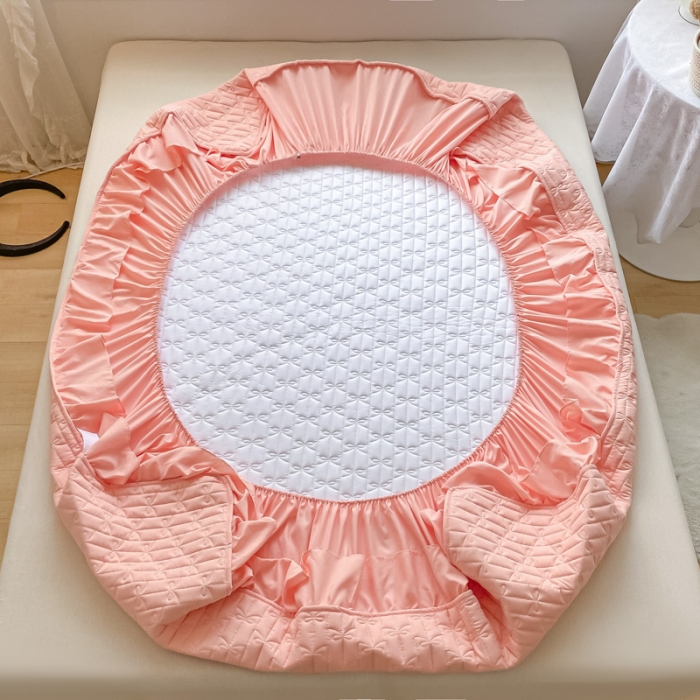 91家纺网 家纺一手货源 找家纺 鑫钰 2023新款蝴蝶结亲肤夹棉床裙款床笠 蝴蝶结-粉