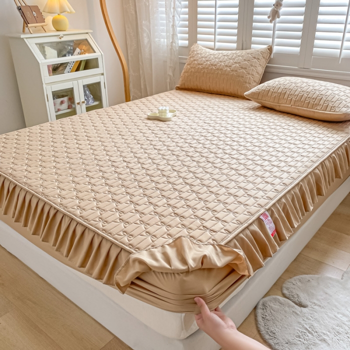 91家纺网 家纺一手货源 找家纺 鑫钰 2023新款蝴蝶结亲肤夹棉床裙款床笠 蝴蝶结-卡其