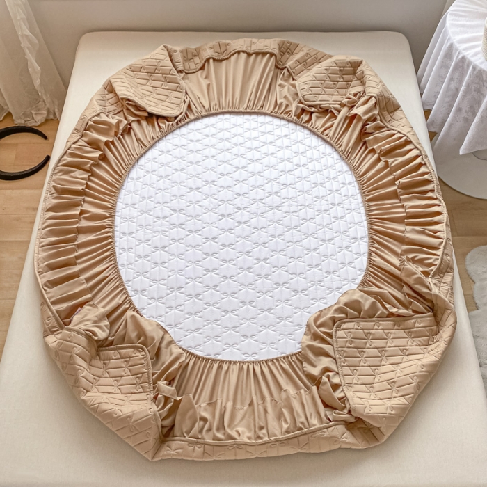 91家纺网 家纺一手货源 找家纺 鑫钰 2023新款蝴蝶结亲肤夹棉床裙款床笠 蝴蝶结-卡其