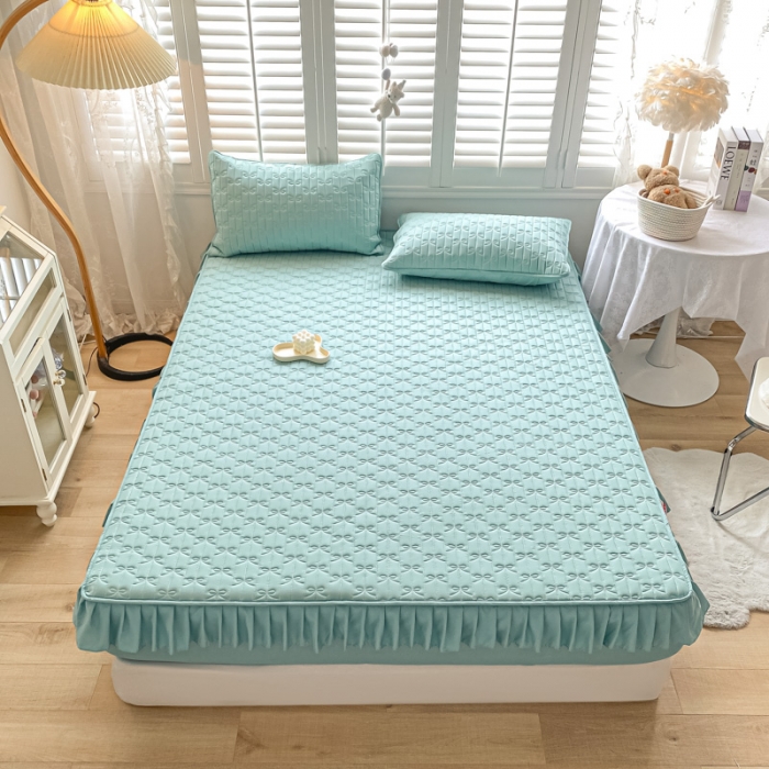 91家纺网 家纺一手货源 找家纺 鑫钰 2023新款蝴蝶结亲肤夹棉床裙款床笠 蝴蝶结-天空蓝