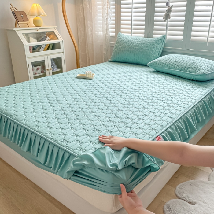 91家纺网 家纺一手货源 找家纺 鑫钰 2023新款蝴蝶结亲肤夹棉床裙款床笠 蝴蝶结-天空蓝