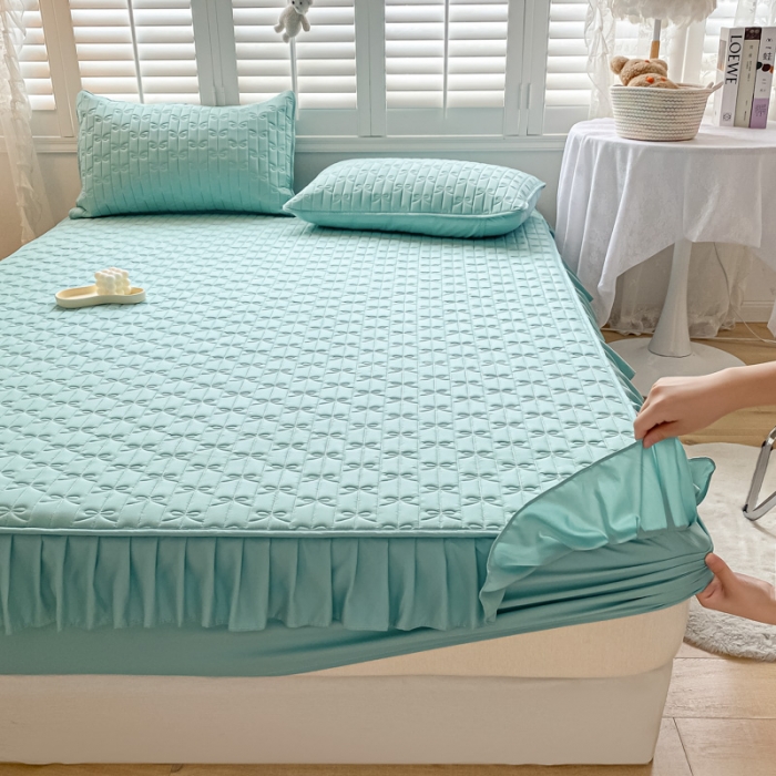 91家纺网 家纺一手货源 找家纺 鑫钰 2023新款蝴蝶结亲肤夹棉床裙款床笠 蝴蝶结-天空蓝