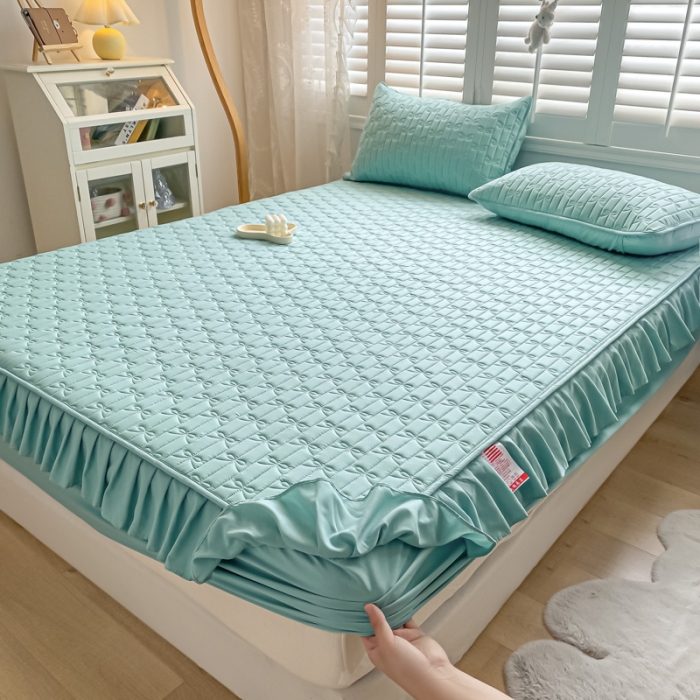 91家纺网 家纺一手货源 找家纺 鑫钰 2023新款蝴蝶结亲肤夹棉床裙款床笠 蝴蝶结-天空蓝