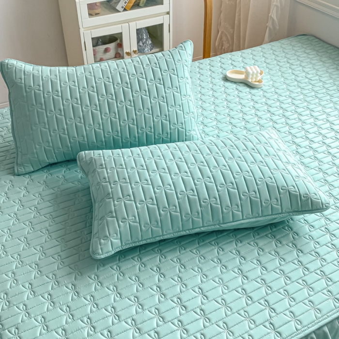 91家纺网 家纺一手货源 找家纺 鑫钰 2023新款蝴蝶结亲肤夹棉床裙款床笠 蝴蝶结-天空蓝