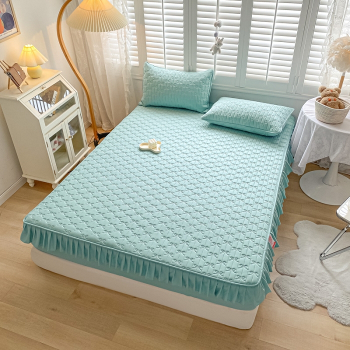 91家纺网 家纺一手货源 找家纺 鑫钰 2023新款蝴蝶结亲肤夹棉床裙款床笠 蝴蝶结-天空蓝