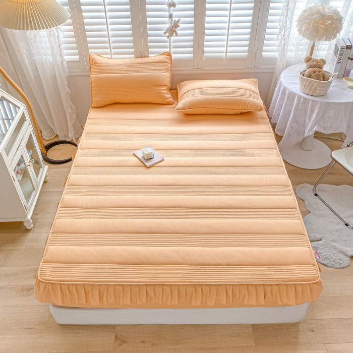 91家纺网 家纺一手货源 找家纺 鑫钰 2023新款蝴蝶结亲肤夹棉床裙款床笠 罗曼-橙