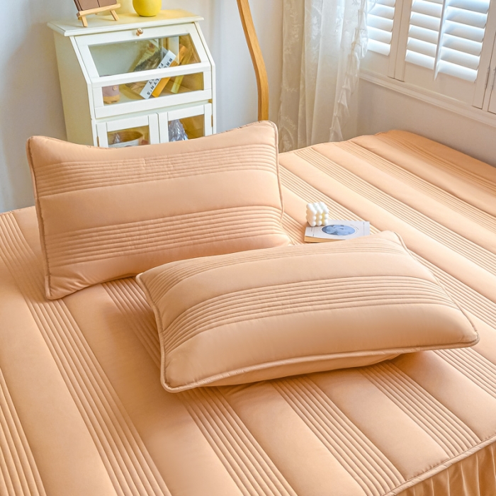 91家纺网 家纺一手货源 找家纺 鑫钰 2023新款蝴蝶结亲肤夹棉床裙款床笠 罗曼-橙