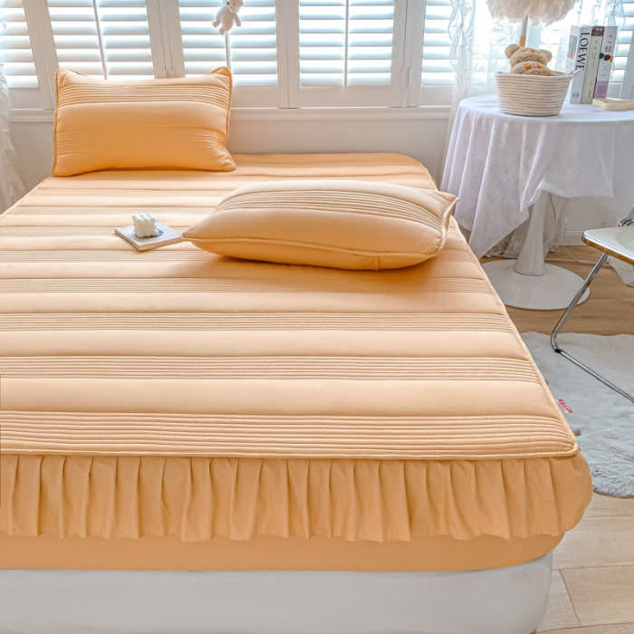 91家纺网 家纺一手货源 找家纺 鑫钰 2023新款蝴蝶结亲肤夹棉床裙款床笠 罗曼-橙