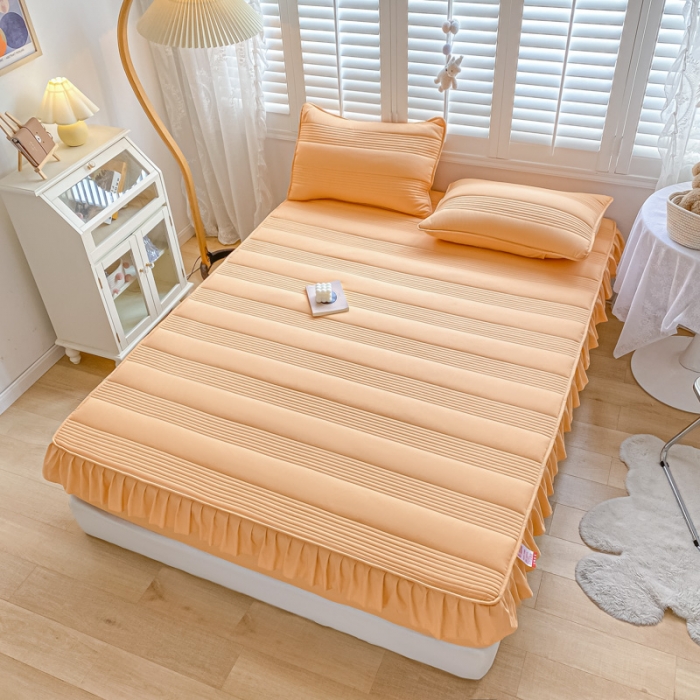 91家纺网 家纺一手货源 找家纺 鑫钰 2023新款蝴蝶结亲肤夹棉床裙款床笠 罗曼-橙