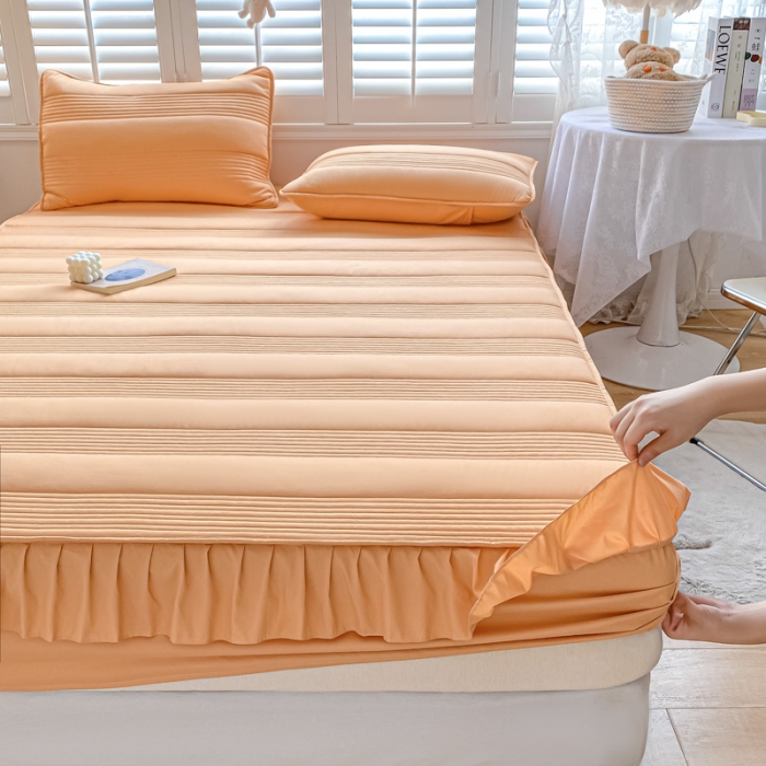 91家纺网 家纺一手货源 找家纺 鑫钰 2023新款蝴蝶结亲肤夹棉床裙款床笠 罗曼-橙