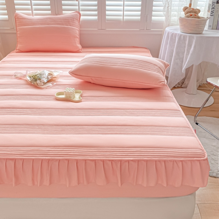 91家纺网 家纺一手货源 找家纺 鑫钰 2023新款蝴蝶结亲肤夹棉床裙款床笠 罗曼-粉