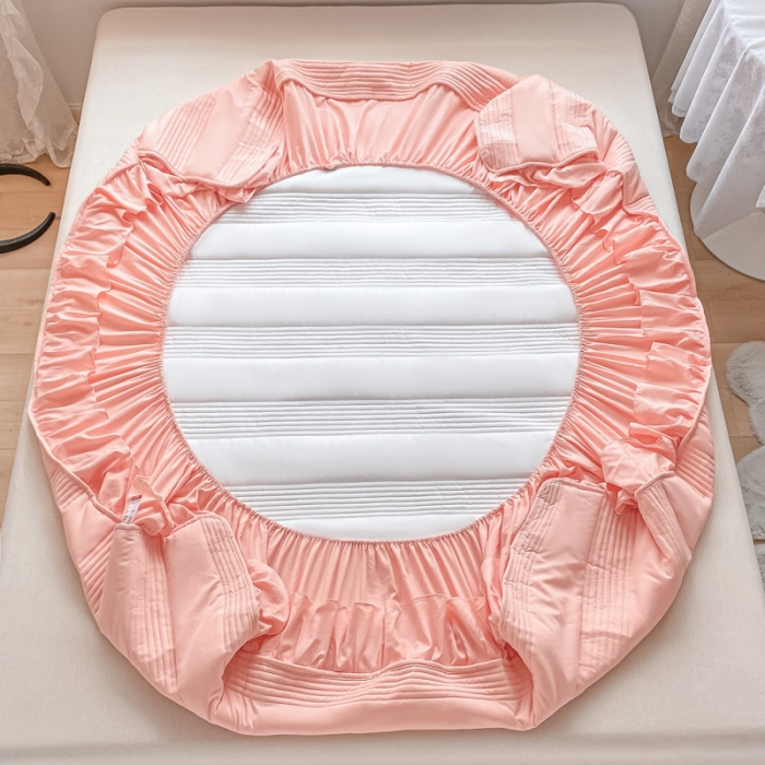 91家纺网 家纺一手货源 找家纺 鑫钰 2023新款蝴蝶结亲肤夹棉床裙款床笠 罗曼-粉