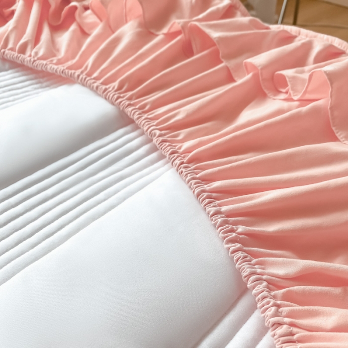 91家纺网 家纺一手货源 找家纺 鑫钰 2023新款蝴蝶结亲肤夹棉床裙款床笠 罗曼-粉