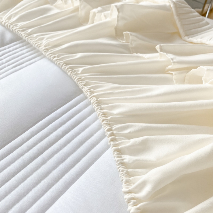 91家纺网 家纺一手货源 找家纺 鑫钰 2023新款蝴蝶结亲肤夹棉床裙款床笠 罗曼-米白