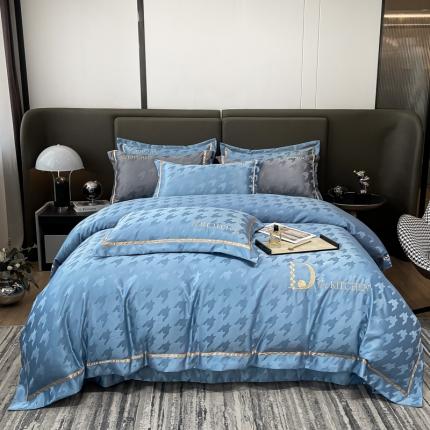 91家纺网 家纺一手货源 找家纺 博纳 2022双面60S水洗真丝四件套千鸟格提花-安琪儿 宾利蓝