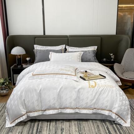 91家纺网 家纺一手货源 找家纺 博纳 2022双面60S水洗真丝四件套千鸟格提花-安琪儿 象牙白