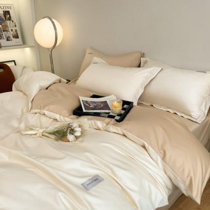 91家纺网 家纺一手货源 找家纺 高级感简约贡缎长绒棉纯色双拼床上四件套全棉被套奶昔白香槟金