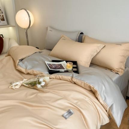91家纺网 家纺一手货源 找家纺 高级感简约贡缎长绒棉纯色双拼床上四件套全棉被套奶昔白香槟金