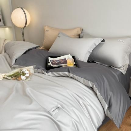 91家纺网 家纺一手货源 找家纺 高级感简约贡缎长绒棉纯色双拼床上四件套全棉被套奶昔白香槟金