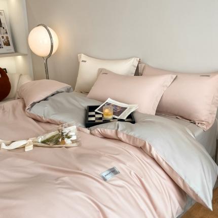 91家纺网 家纺一手货源 找家纺 高级感简约贡缎长绒棉纯色双拼床上四件套全棉被套奶昔白香槟金