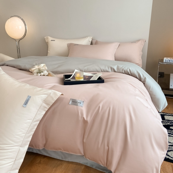 91家纺网 家纺一手货源 找家纺 高级感简约贡缎长绒棉纯色双拼床上四件套全棉被套茱萸粉+烟墨灰