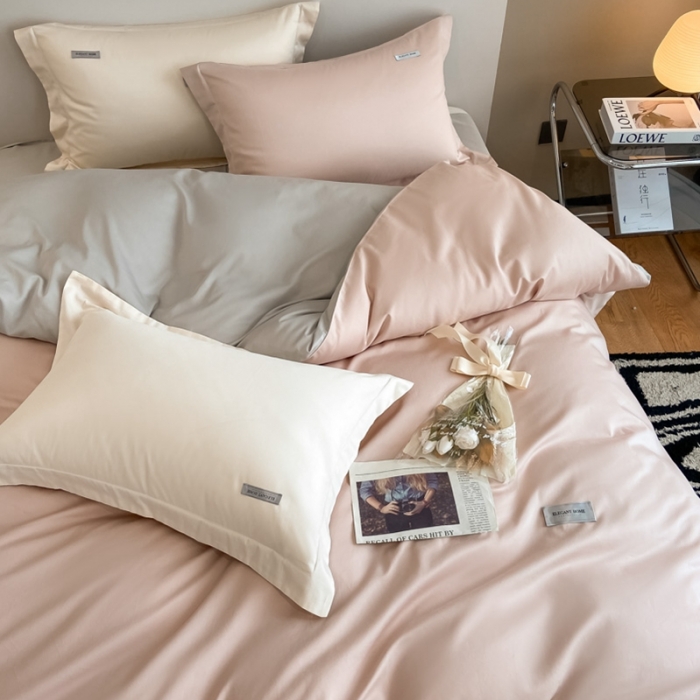 91家纺网 家纺一手货源 找家纺 高级感简约贡缎长绒棉纯色双拼床上四件套全棉被套茱萸粉+烟墨灰