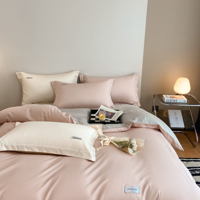 91家纺网 家纺一手货源 找家纺 高级感简约贡缎长绒棉纯色双拼床上四件套全棉被套茱萸粉+烟墨灰