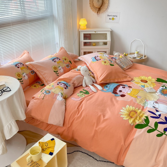 91家纺网 家纺一手货源 找家纺 金爱家 2023新款大版卡通磨毛四件套 花季女孩-粉