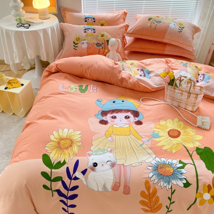 91家纺网 家纺一手货源 找家纺 金爱家 2023新款大版卡通磨毛四件套 花季女孩-粉