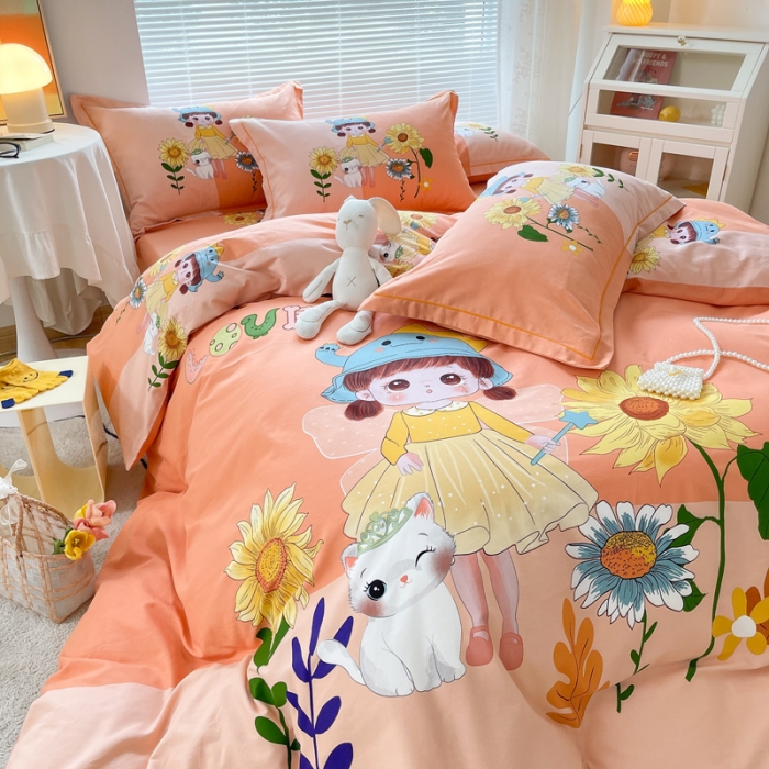 91家纺网 家纺一手货源 找家纺 金爱家 2023新款大版卡通磨毛四件套 花季女孩-粉