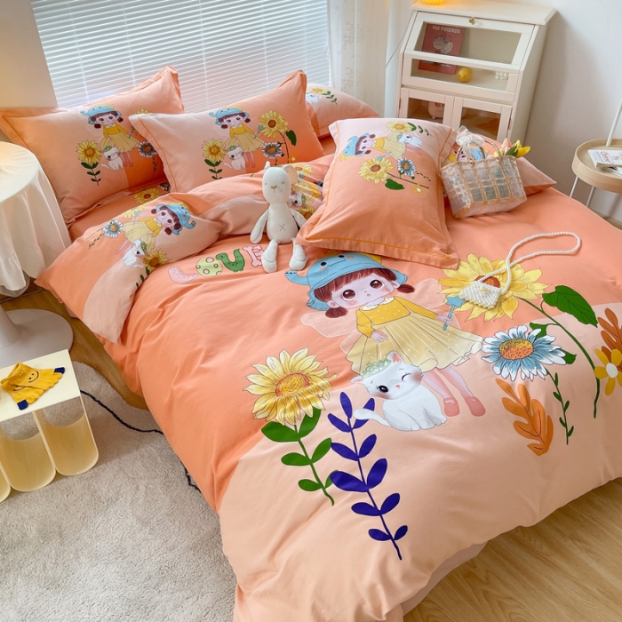 91家纺网 家纺一手货源 找家纺 金爱家 2023新款大版卡通磨毛四件套 花季女孩-粉