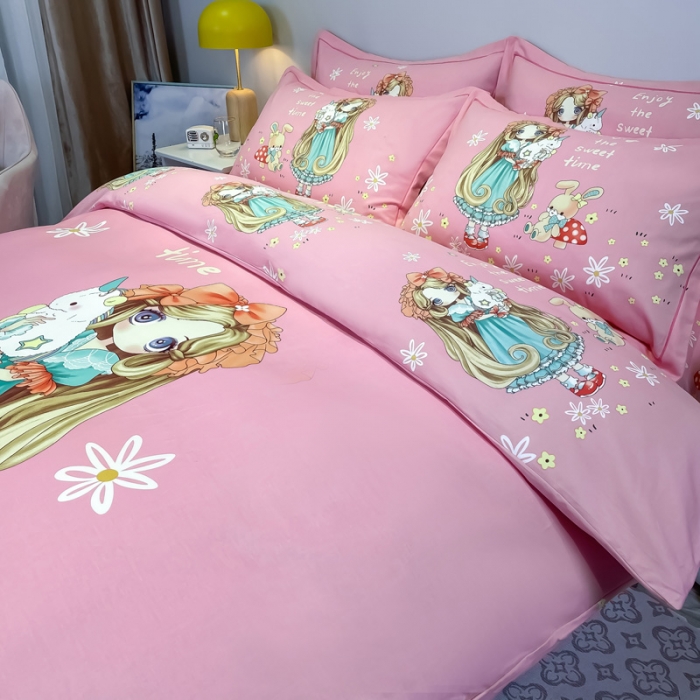 91家纺网 家纺一手货源 找家纺 金爱家 2023新款大版卡通磨毛四件套 可爱女孩