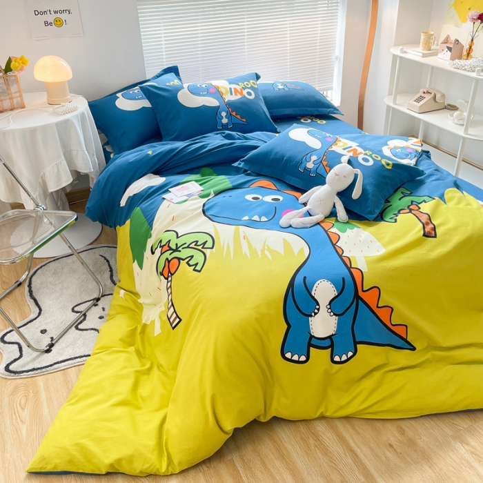 91家纺网 家纺一手货源 找家纺 金爱家 2023新款大版卡通磨毛四件套 恐龙森林