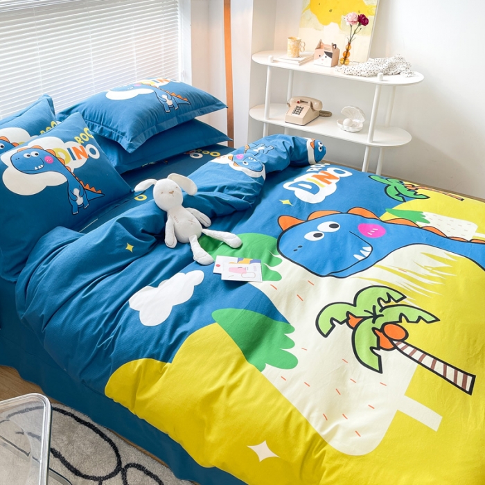 91家纺网 家纺一手货源 找家纺 金爱家 2023新款大版卡通磨毛四件套 恐龙森林