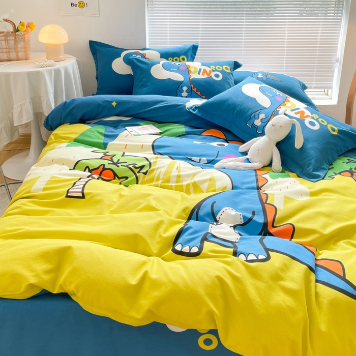 91家纺网 家纺一手货源 找家纺 金爱家 2023新款大版卡通磨毛四件套 恐龙森林