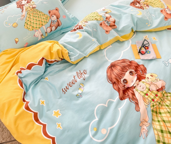 91家纺网 家纺一手货源 找家纺 金爱家 2023新款大版卡通磨毛四件套 元气少女