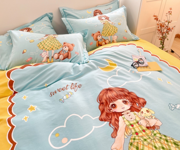 91家纺网 家纺一手货源 找家纺 金爱家 2023新款大版卡通磨毛四件套 元气少女