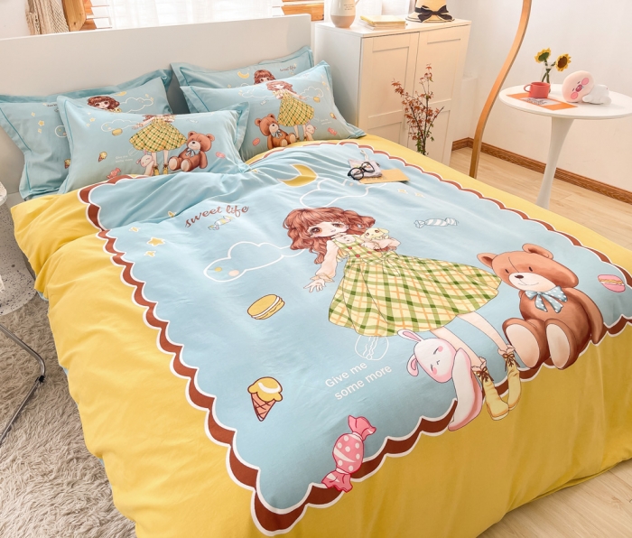 91家纺网 家纺一手货源 找家纺 金爱家 2023新款大版卡通磨毛四件套 元气少女