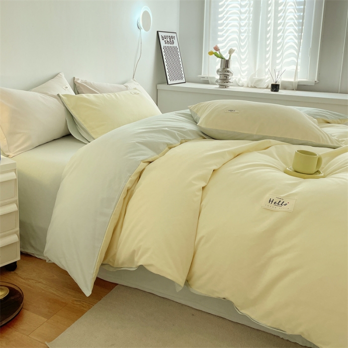 91家纺网 家纺一手货源 找家纺 798家纺 2022新款纯色全棉水洗棉单品被套 米黄+豆绿