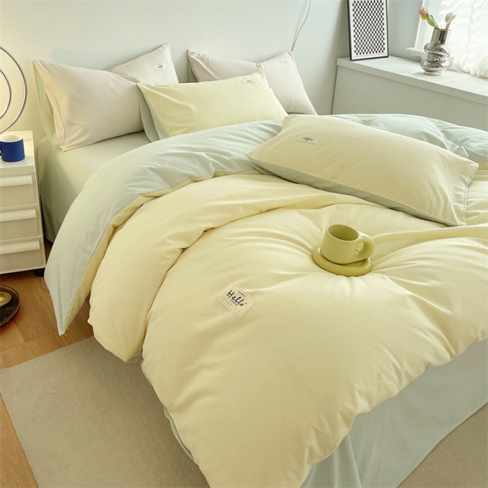 91家纺网 家纺一手货源 找家纺 798家纺 2022新款纯色全棉水洗棉单品被套 米黄+豆绿