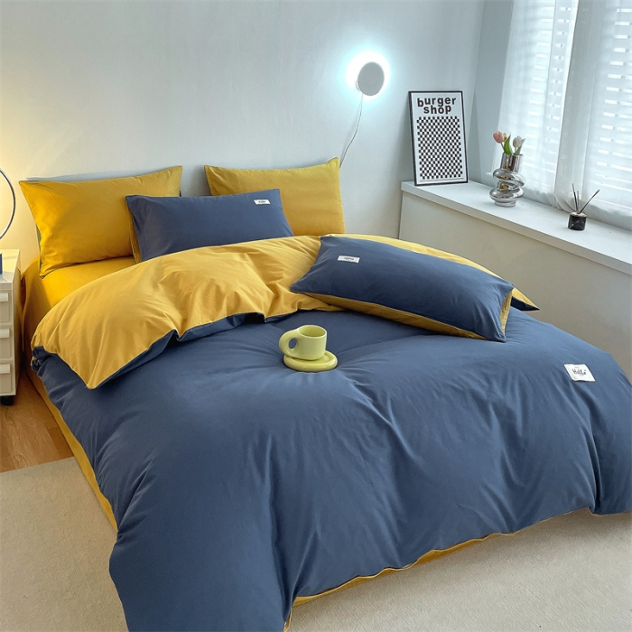 91家纺网 家纺一手货源 找家纺 798家纺 2022新款纯色全棉水洗棉单品被套 牛仔蓝+杏黄