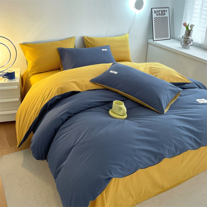 91家纺网 家纺一手货源 找家纺 798家纺 2022新款纯色全棉水洗棉单品被套 牛仔蓝+杏黄